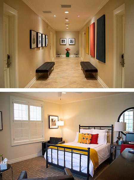 Fisher House hallway and guest bedroom interior